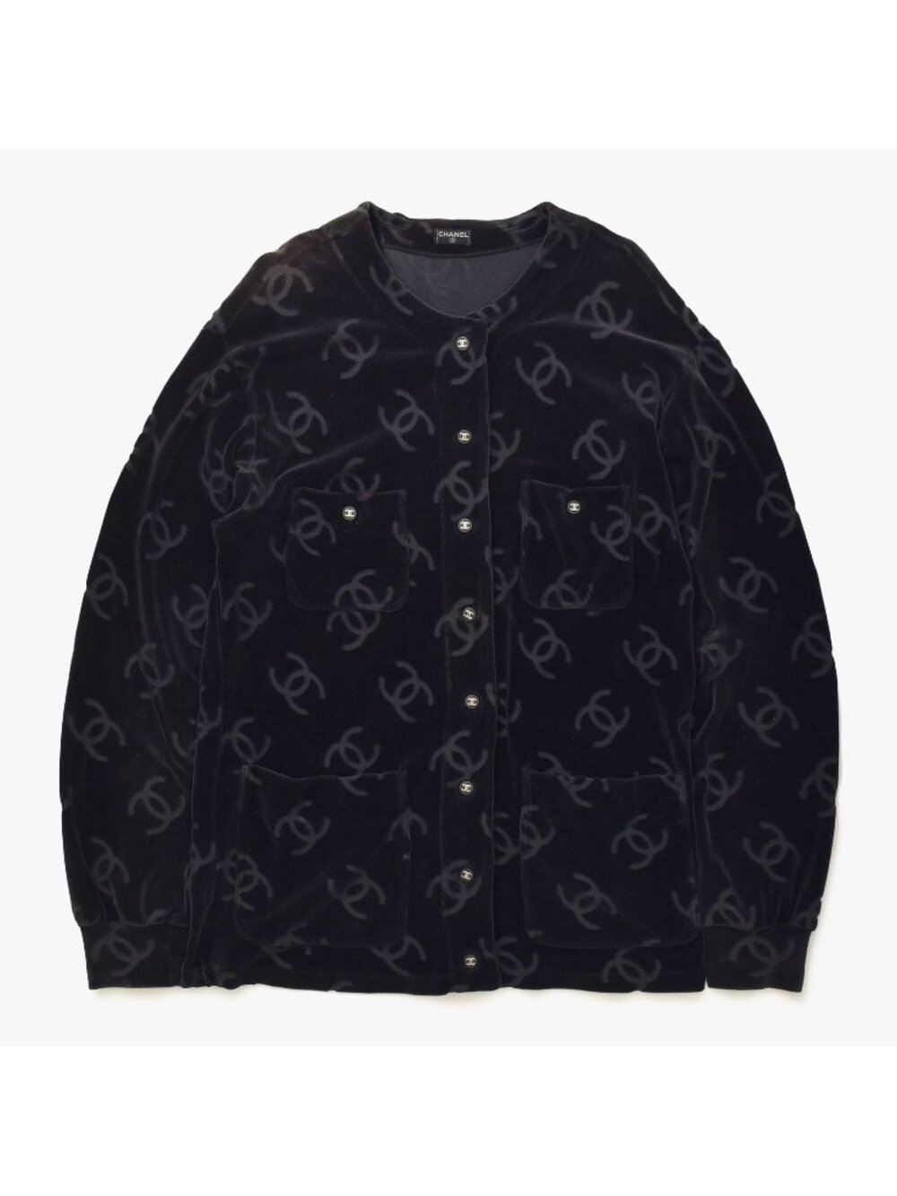 Chanel Jacket Cardigan Vintage CC Logo Coco Buttons Velour Black Silver 40